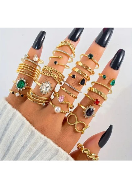 Yasel - 25 Parça Yapay Elmas Taşlı Tasarım Figürlü Şık Vintage & Bohem Çoklu Gold Altın Yüzük Seti fiyatları