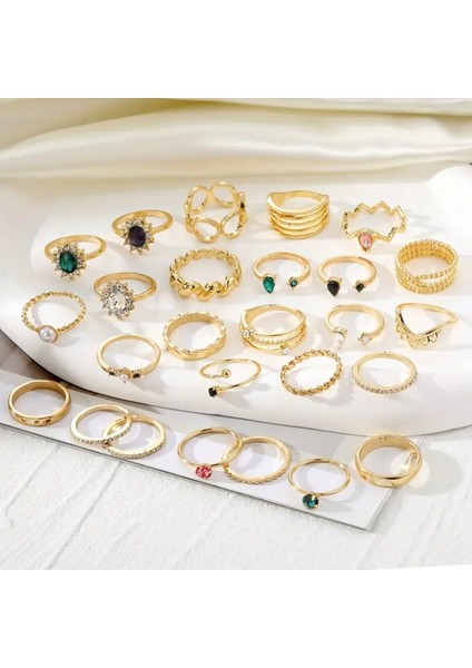 Yasel - 25 Parça Yapay Elmas Taşlı Tasarım Figürlü Şık Vintage & Bohem Çoklu Gold Altın Yüzük Seti modelleri