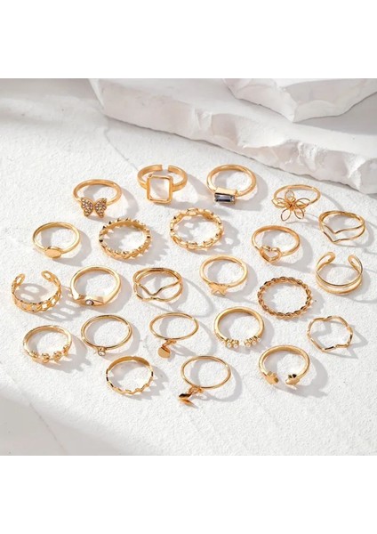Zephyr - 20 Adet Gold Renk Incili Çiçek Figürlü Şık Tasarım Vintage Çoklu Zarif Altın Yüzük Seti fiyatları