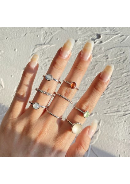 Bliss Silver Gümüş Renkli Kristal Taşlı Şık Modern Bohem 8 Parça 8'li Yüzük Seti