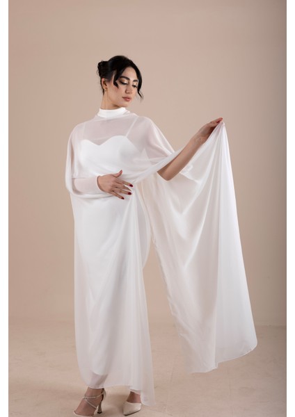 Şifon Şal Pelerinli Esnek Kalem Kırık Beyaz Söz | Nişan | Nikah Elbisesi modelleri