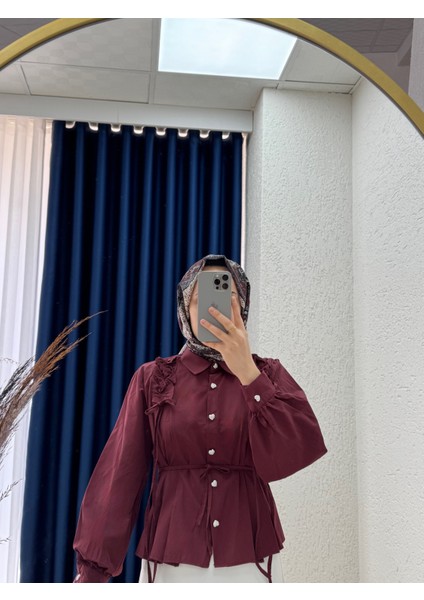 Yelique Omuzu Büzgülü Kısa GÖMLEK-BN4393 Bordo