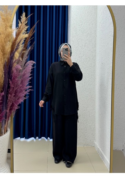Yelita Yırtmacı Ipli Çilek Pantolonlu TAKIM-MF462 Siyah