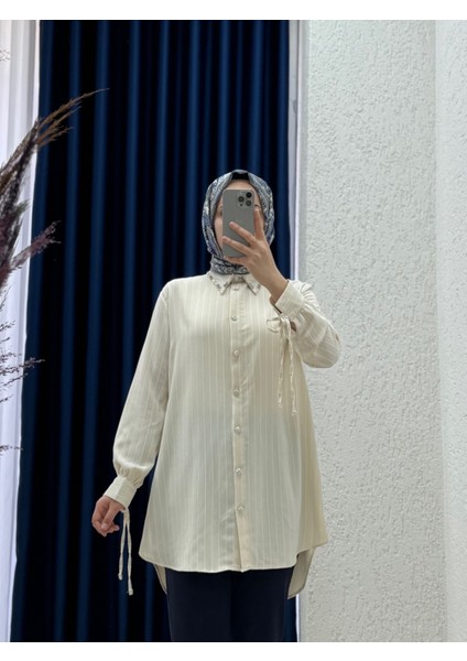 Sanoria Kolu Bağcıklı Yakası Taşlı Çizgili Linda TUNIK-EL1907 Taş
