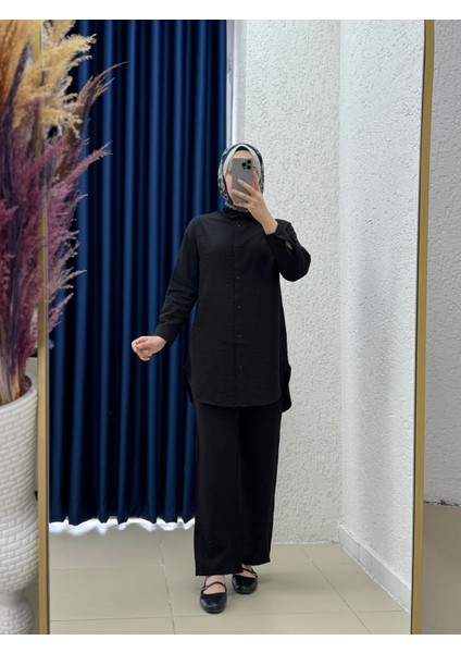 Idil Çilek Kumaş Mini Düğmeli Pantolonlu TAKIM-Zİ2186 Siyah