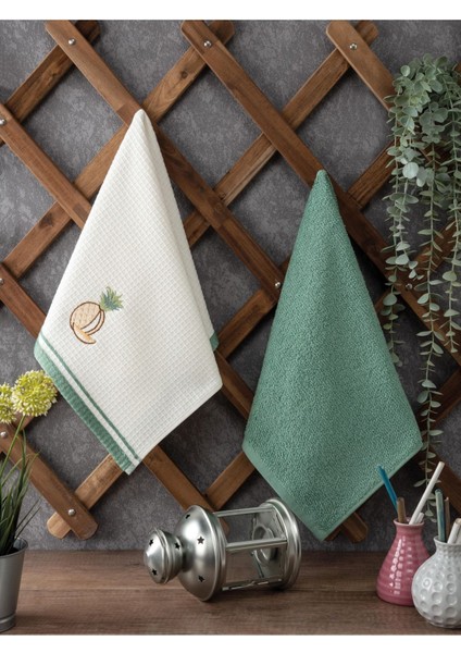 Mint Yeşili Ananas Nakışlı Pamuk Mutfak Havlusu Seti 2’li 40x60 cm