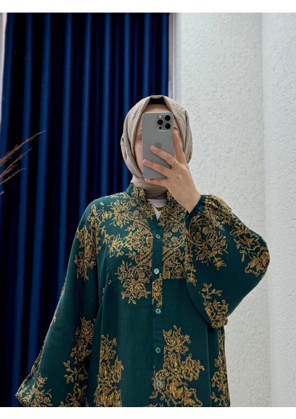 Tirita Desenli Viskon ELBISE-PE606 Zümrüt Yeşili