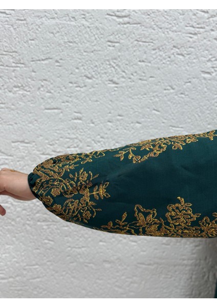 Tirita Desenli Viskon ELBISE-PE606 Zümrüt Yeşili