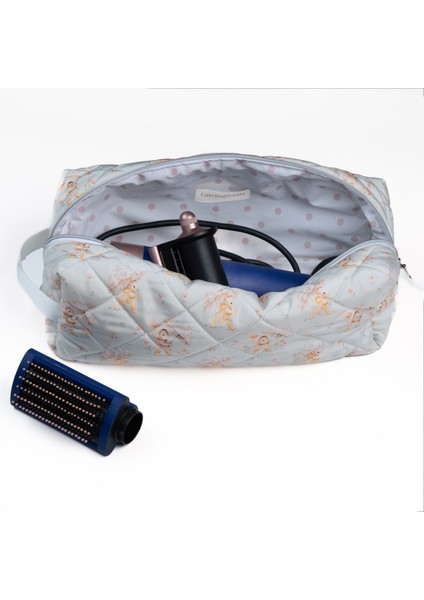 Tavşan Desenli Suya Dayanıklı Kapitoneli Saç Şekillendirici Çantası, Airwrap ve Tüm Saç Şekillendiricilerine Uyumlu Çanta, Xl Boy Seyahat Çantası, Büyük Boy Makyaj Çantası, Organizer