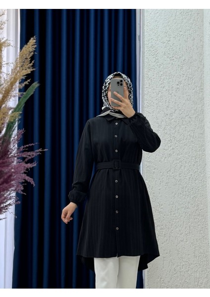 Vinenya Kol Ucu Lastikli Kemerli Uzun TUNIK-ZN4547 Siyah