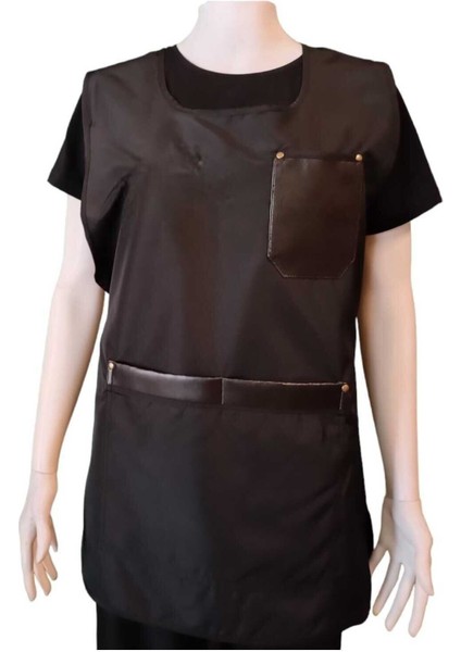 Çift Taraflı Deri Detaylı Kuaför Yeleği Önlüğü, Siyah, 77x55 cm