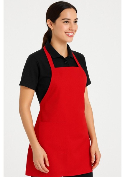 Kırmızı renkli, cepli, pamuk mutfak önlüğü, şık ve kullanışlı tasarım, 65x90 cm