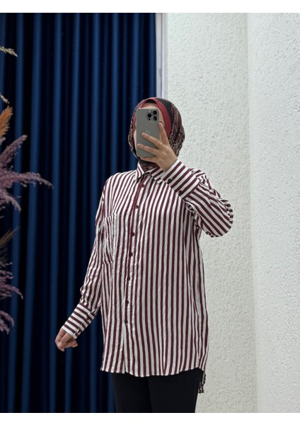 Hazan Sara Çizgi Tek Cep Lilyum GÖMLEK-NA755 Bordo