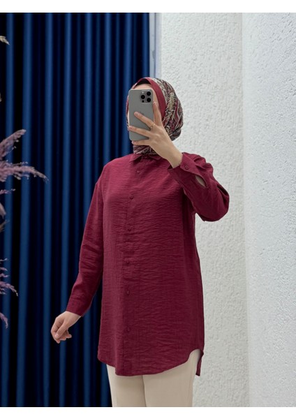Sorenya Önü Kısa Arkası Uzun Çilek Kumaş GÖMLEK-Zİ2133 Bordo