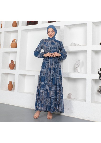 Tesettür Kadın Yazlık Desenli Viskon ELBISE-PA9346 Indigo