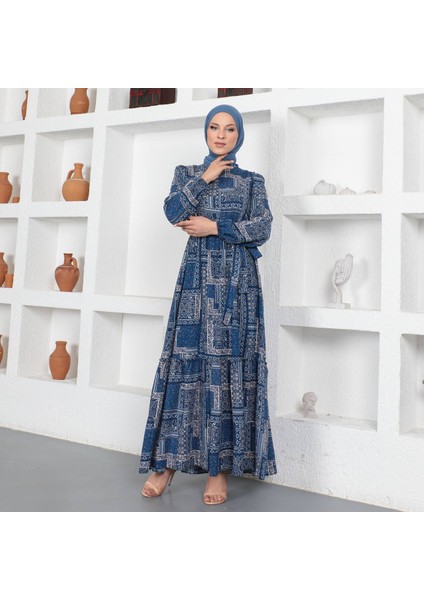 Tesettür Kadın Yazlık Desenli Viskon ELBISE-PA9346 Indigo