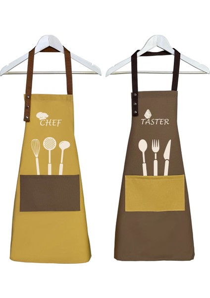 Kumaş Mutfak Önlük Seti 2'li, Hardal Kahve, Su İtici, Leke Tutmaz, 60x75, Pamuk Polyester