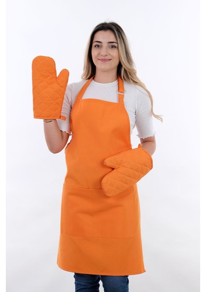 Turuncu 3'lü Mutfak Önlüğü ve Eldiven Seti, askılı ve cepli, pamuk polyester, 60x80
