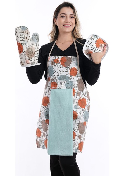 Su geçirmez mutfak önlüğü, havlu ve eldivenli, 55x75 cm, pamuk polyester, gri