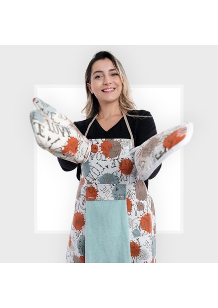 Su geçirmez mutfak önlüğü, havlu ve eldivenli, 55x75 cm, pamuk polyester, gri