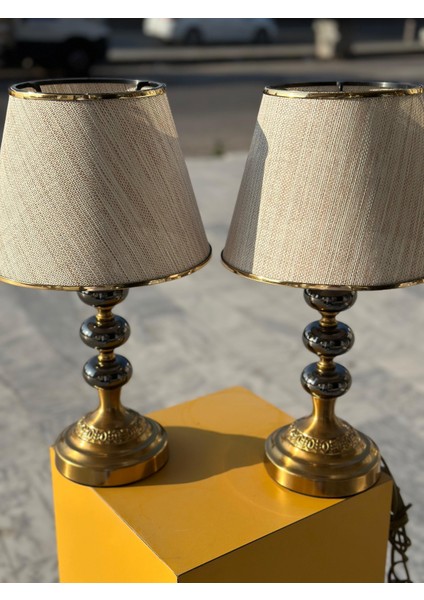 48CM Yüksekliğnde Kumaş Başlıklı Eskitme Ayaklı Ikili Abajur