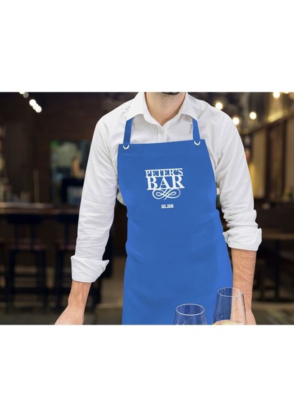 Kişiye Özel Mavi Tarihli Bar Tasarımlı Profesyonel Mutfak Önlüğü, 77x150 cm