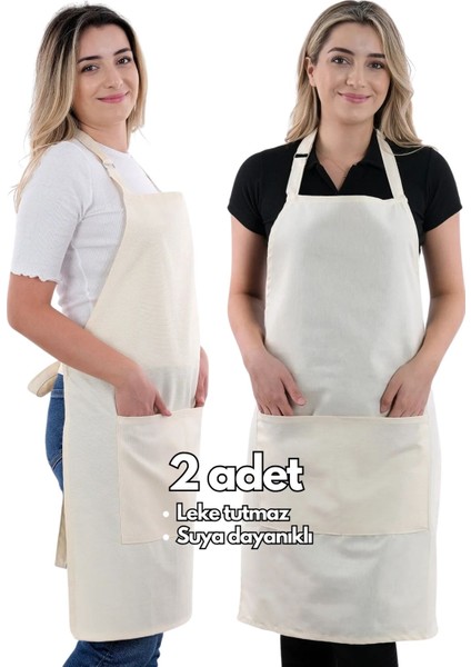 Bej Renkli 2'li Ayarlanabilir Mutfak Askılı Önlük Seti 60x80 cm