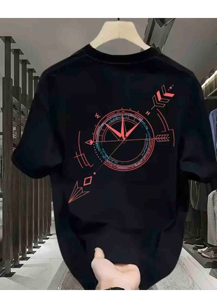 Kırmızı Mavi Pusula Baskılı Özel Tasarım Oversize Tshirt