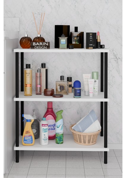 3 Raflı Çevir Kur Banyo Rafı Çok Amaçlı Düzenleyici Açık Raflı Dolap, Metal Gövdeli Organizer Raf