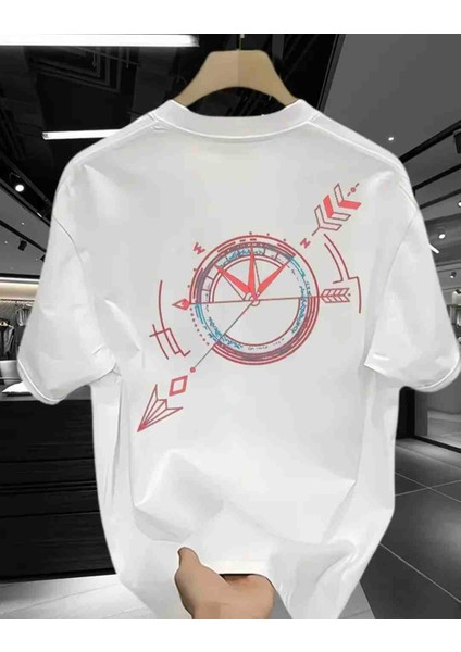 Kırmızı Mavi Pusula Baskılı Özel Tasarım Oversize Tshirt