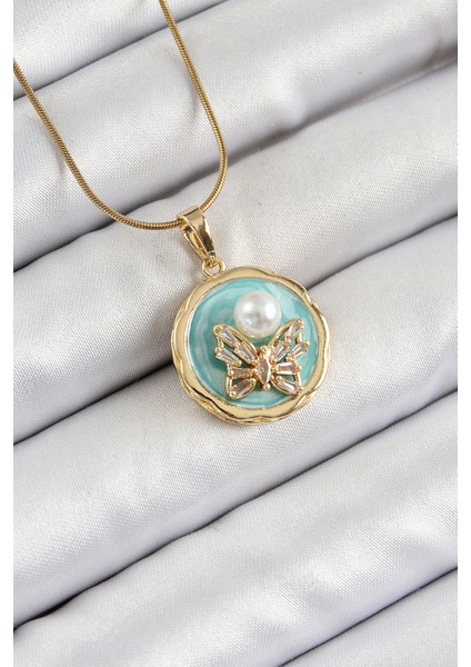 316L Çelik Zincir Zirkon Taşlı Turkuaz Sanatsal Portre İnci Detaylı Kelebek Model Gold Renk Kadın Kolye