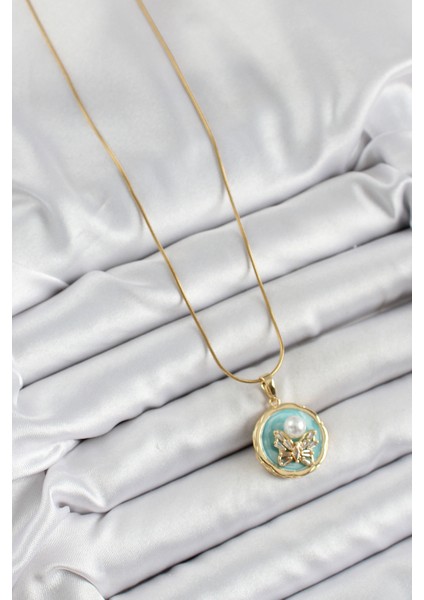 316L Çelik Zincir Zirkon Taşlı Turkuaz Sanatsal Portre İnci Detaylı Kelebek Model Gold Renk Kadın Kolye fiyatları