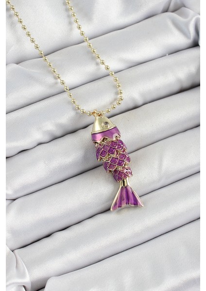 Pirinç Mor Balık Model Zirkon Taşlı Gold Renk Kadın Kolye