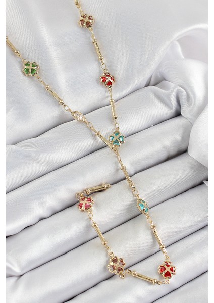 Pirinç Asorti Kalpli Yonca Model Gold Renk Zirkon Taşlı Y Kolye