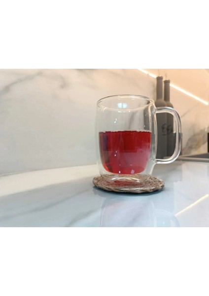 Ankatic Çift Camlı Çift Çidarlı Bardak Çift Katlı Isı Yalıtımlı Kulplu Kupa 350 ml