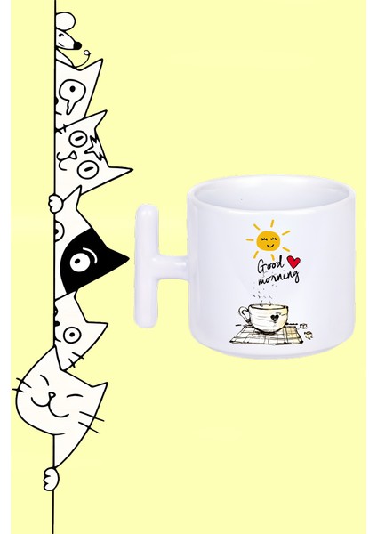 Kahve Güneş Good Mornıng Günaydın Tasarım Baskılı Beyaz T Sap Kupa Bardak