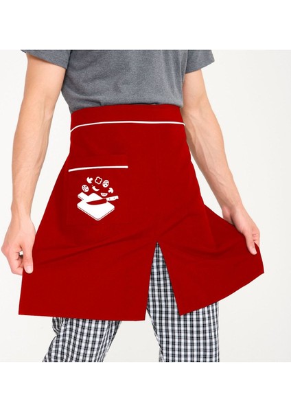 Kırmızı Yırtmaçlı Yarım Önlük, şık ve kullanışlı mutfak aksesuarı 70x100 cm