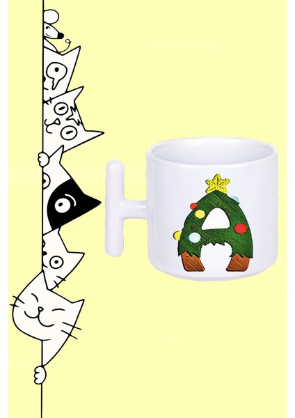 A Harf Yeni Yıl Noel Yılbaşı Tasarım Baskılı Beyaz T Sap Kupa Bardak