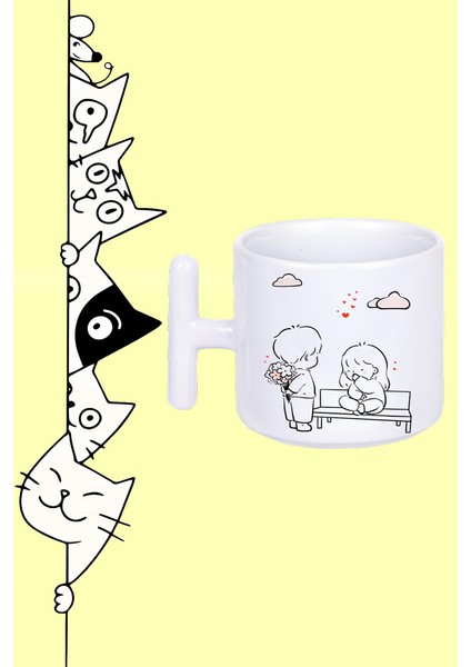 Aşık Çift Bank Süprüz Çiçek Sevgililer Günü Tasarım Baskılı Beyaz T Sap Kupa Bardak