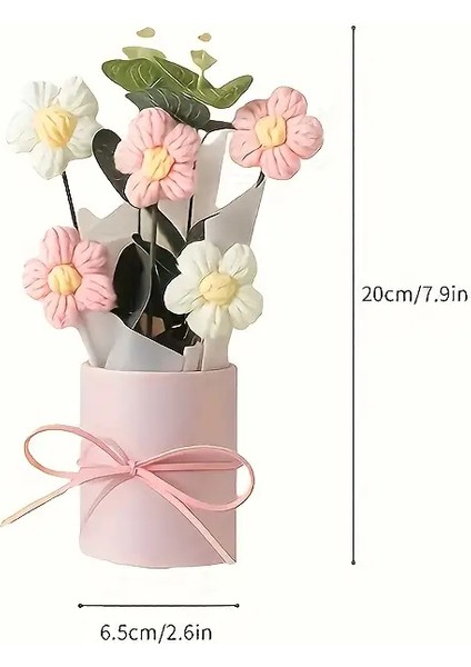 El Yapımı Örgü Buketi Pembe Vazo ile - 5 Örgü Çiçeği, Peluş, Taşıma Çantası ve Dekoratif Kurdele Dahil 20 cm