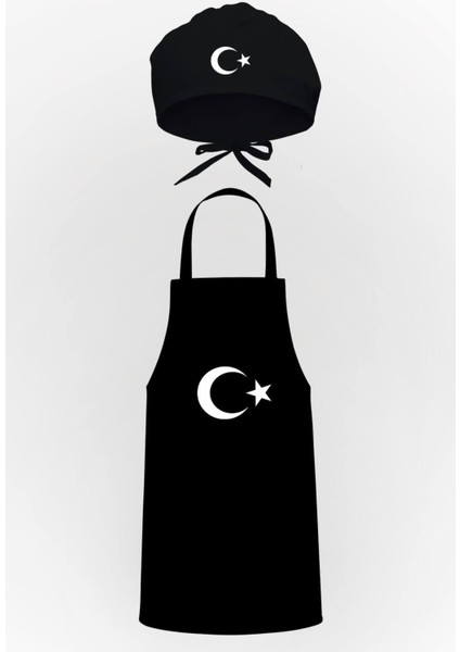 Şık ve kullanışlı mutfak önlüğü ve bone seti, siyah renk, pamuk polyester materyal