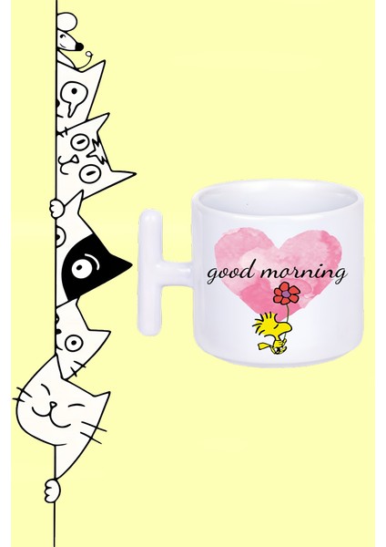 Günaydın Sarı Kuş Tasarım Baskılı Beyaz T Sap Kupa Bardak