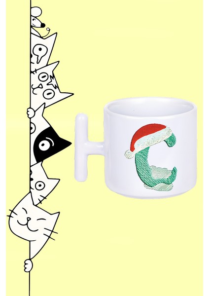 C Harf Yeni Yıl Noel Yılbaşı Tasarım Baskılı Beyaz T Sap Kupa Bardak