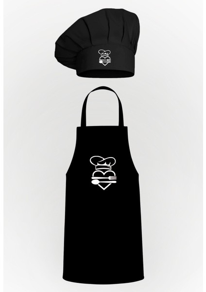 Şef Tasarım Çatal ve Kaşık Seti, Mantar Bone ve Mutfak Önlüğü, Siyah Renkli Paket