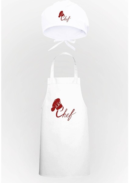 Şık ve pratik mutfak önlüğü ve bone seti, keten malzeme, beyaz renk.
