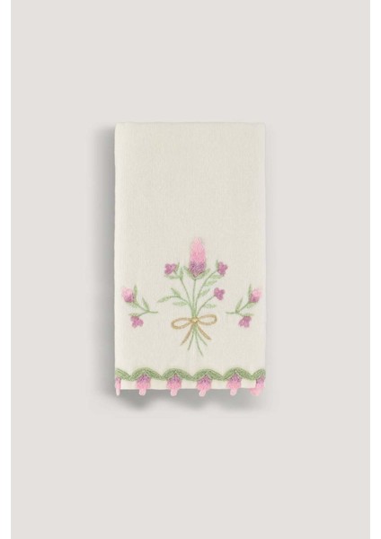 Krem Kadife Nakışlı Havlu 30x50, Yumuşak ve Şık Doku, Pamuk Malzeme, Tekil Ürün