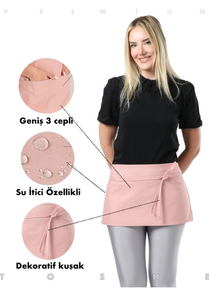 Suya dayanıklı, geniş cepli, şık ve rahat mutfak önlüğü, pembe, 60x30 cm