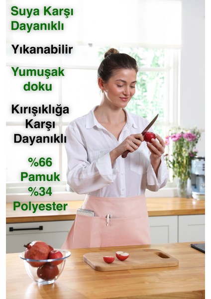 Suya dayanıklı, geniş cepli, şık ve rahat mutfak önlüğü, pembe, 60x30 cm