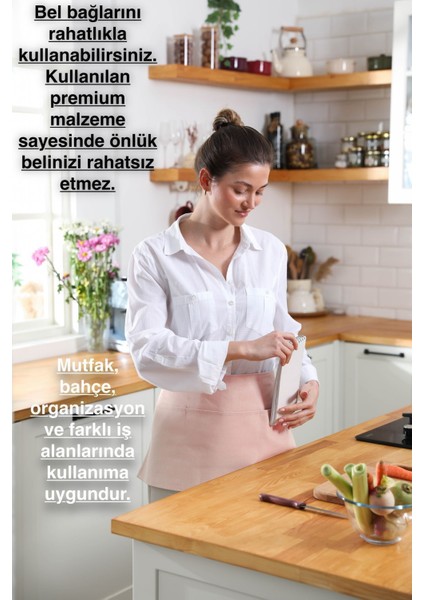 Suya dayanıklı, geniş cepli, şık ve rahat mutfak önlüğü, pembe, 60x30 cm