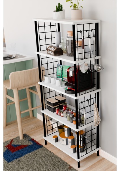 5 Raflı Çevir Kur Çok Amaçlı Raf – Tel Yan Panel, Açık Raf Sistemli Metal Gövdeli Organizer Dolap